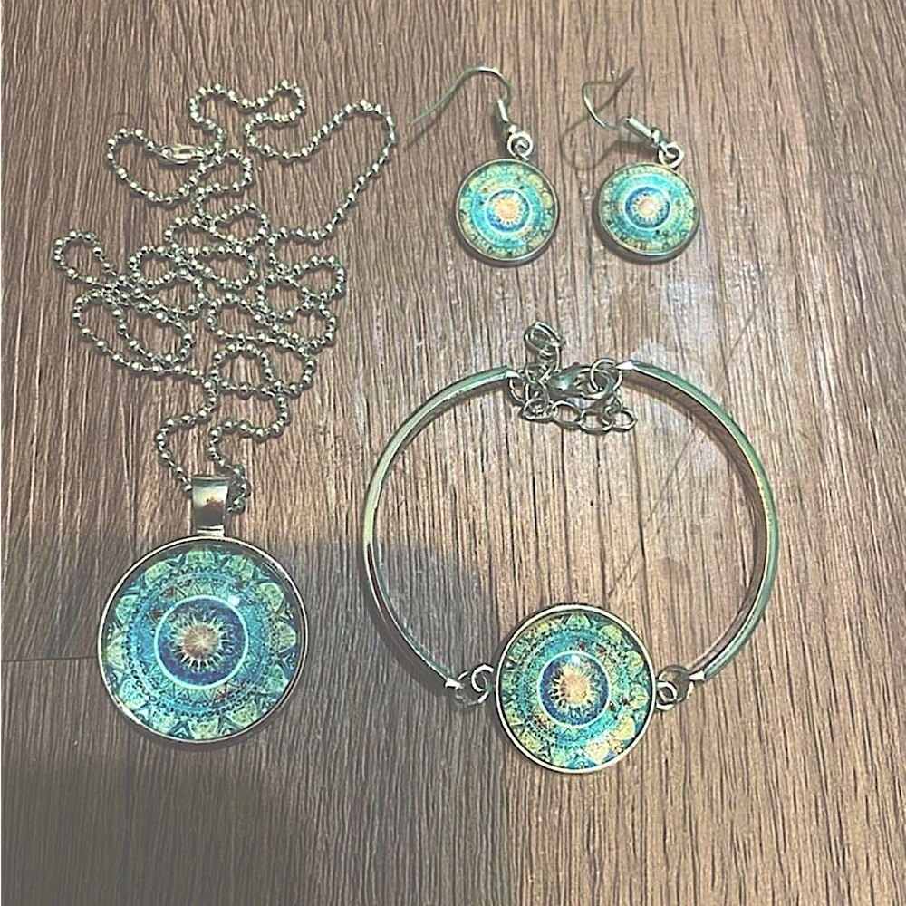 Flower Charm Necklace Bracelet Earring Set